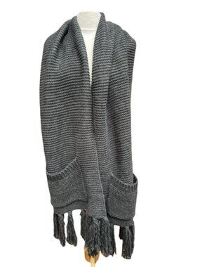Anthropologie Pilcro Dark Grey Knit Fringe Pocket Scarf Wrap NWT